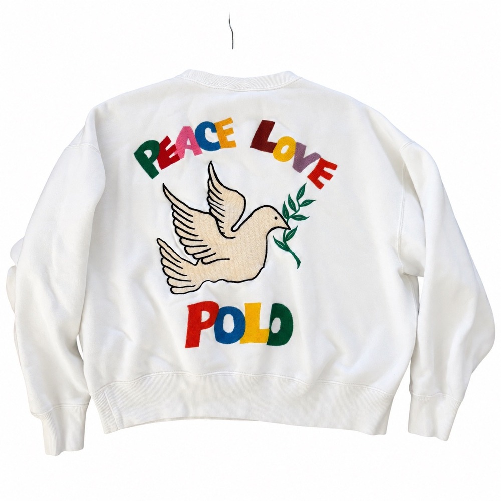 Polo Ralph Lauren Womens M Sweatshirt White Peace Love Polo Dove Embroidered